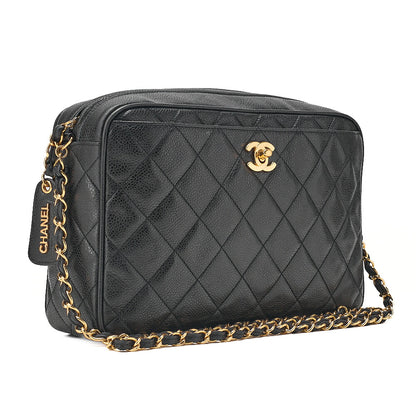 CHANEL Caviar Skin Matelasse Turn Lock Plate Charm Attached Chain Shoulder Black Gold-Tone Hardware, Pre-Owned