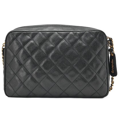 CHANEL Caviar Skin Matelasse Turn Lock Plate Charm Attached Chain Shoulder Black Gold-Tone Hardware, Pre-Owned