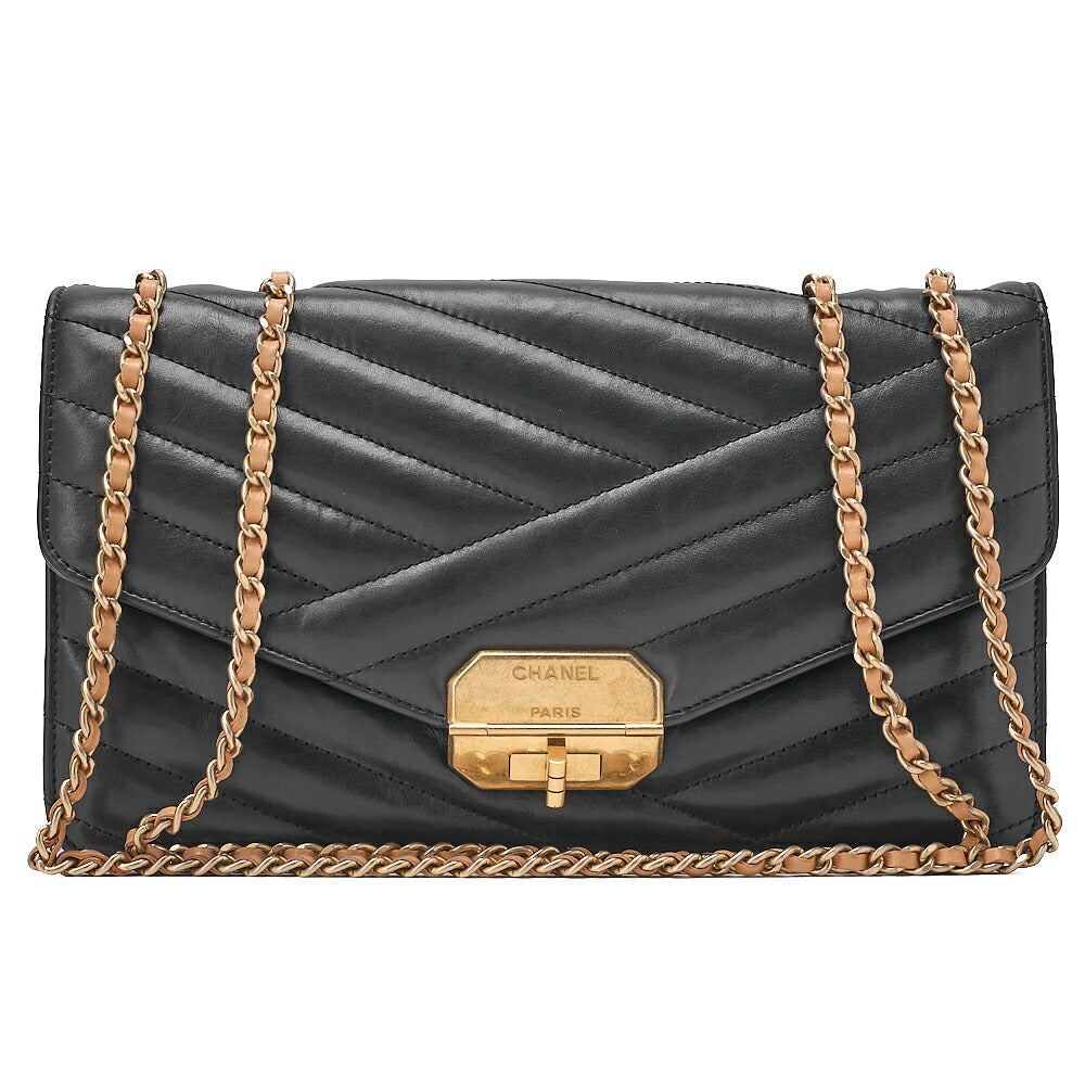 CHANEL Lambskin Bias Stitching 2.55 Turn Lock Chain Shoulder Black x Beige Gold-Tone Hardware, Pre-Owned