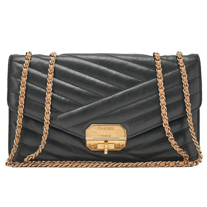 CHANEL Lambskin Bias Stitching 2.55 Turn Lock Chain Shoulder Black x Beige Gold-Tone Hardware, Pre-Owned
