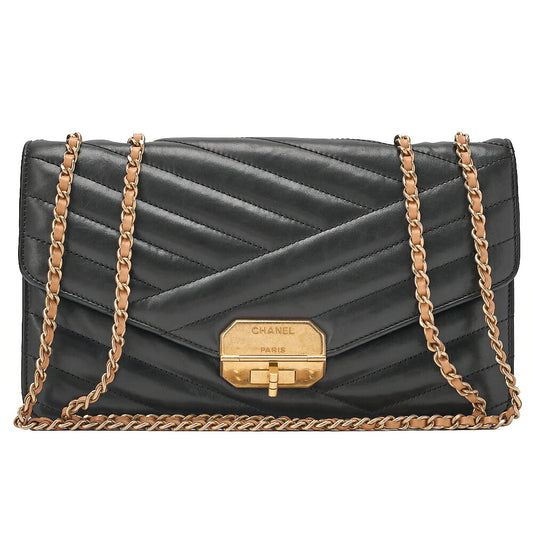 CHANEL Lambskin Bias Stitching 2.55 Turn Lock Chain Shoulder Black x Beige Gold-Tone Hardware, Pre-Owned