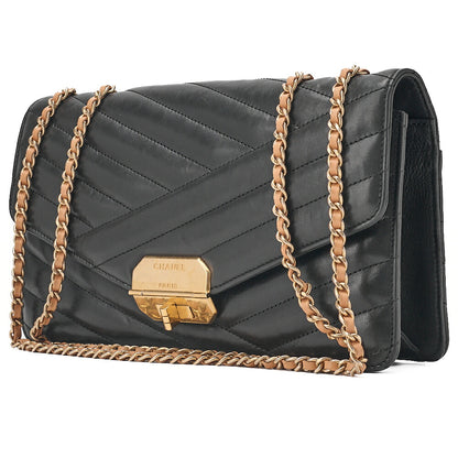 CHANEL Lambskin Bias Stitching 2.55 Turn Lock Chain Shoulder Black x Beige Gold-Tone Hardware, Pre-Owned