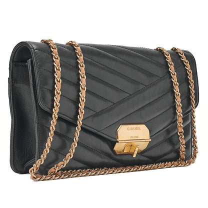 CHANEL Lambskin Bias Stitching 2.55 Turn Lock Chain Shoulder Black x Beige Gold-Tone Hardware, Pre-Owned