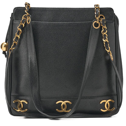 CHANEL Shoulder Bag Ball Charm Triple Coco Double Chain Shoulder Caviar Skin Black Gold-Tone Hardware, Pre-Owned