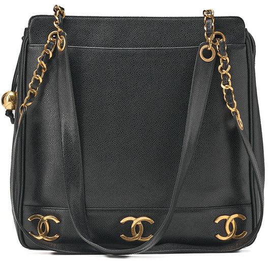 CHANEL Shoulder Bag Ball Charm Triple Coco Double Chain Shoulder Caviar Skin Black Gold-Tone Hardware, Pre-Owned