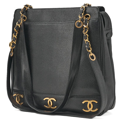 CHANEL Shoulder Bag Ball Charm Triple Coco Double Chain Shoulder Caviar Skin Black Gold-Tone Hardware, Pre-Owned