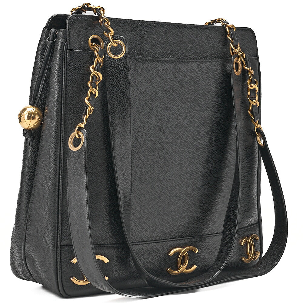 CHANEL Shoulder Bag Ball Charm Triple Coco Double Chain Shoulder Caviar Skin Black Gold-Tone Hardware, Pre-Owned