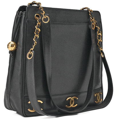 CHANEL Shoulder Bag Ball Charm Triple Coco Double Chain Shoulder Caviar Skin Black Gold-Tone Hardware, Pre-Owned