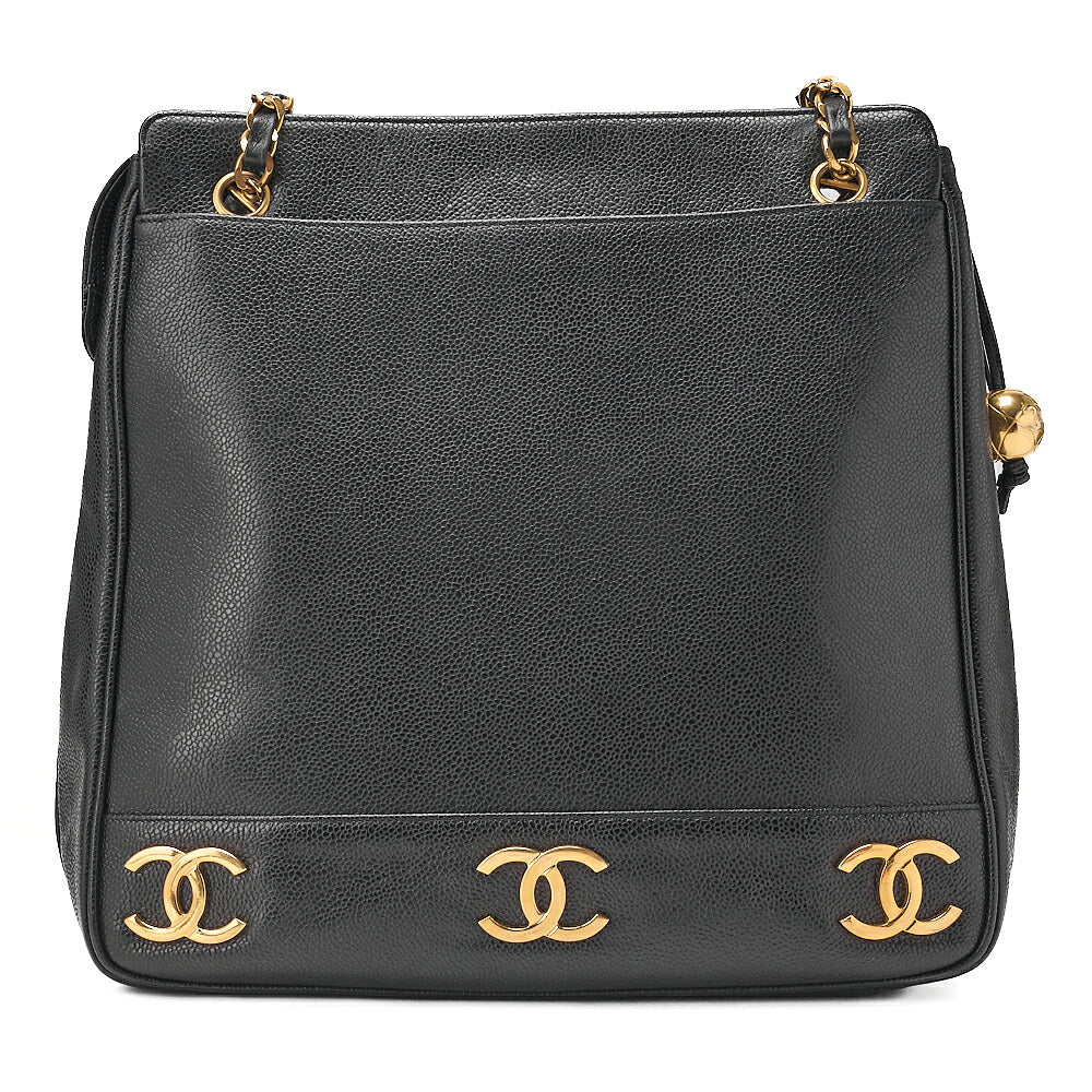 CHANEL Shoulder Bag Ball Charm Triple Coco Double Chain Shoulder Caviar Skin Black Gold-Tone Hardware, Pre-Owned