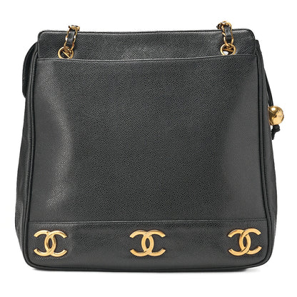 CHANEL Shoulder Bag Ball Charm Triple Coco Double Chain Shoulder Caviar Skin Black Gold-Tone Hardware, Pre-Owned