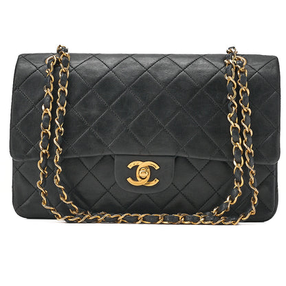CHANEL Lambskin Matelasse 25cm Double Flap Chain Shoulder Black Gold-Tone Hardware, Pre-Owned