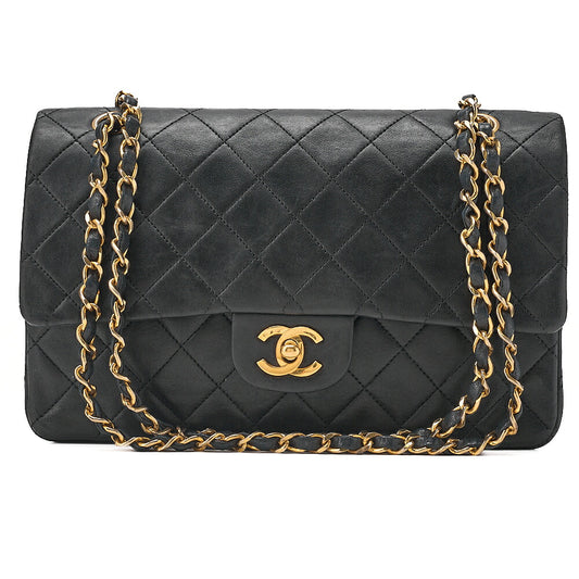 CHANEL Lambskin Matelasse 25cm Double Flap Chain Shoulder Black Gold-Tone Hardware, Pre-Owned