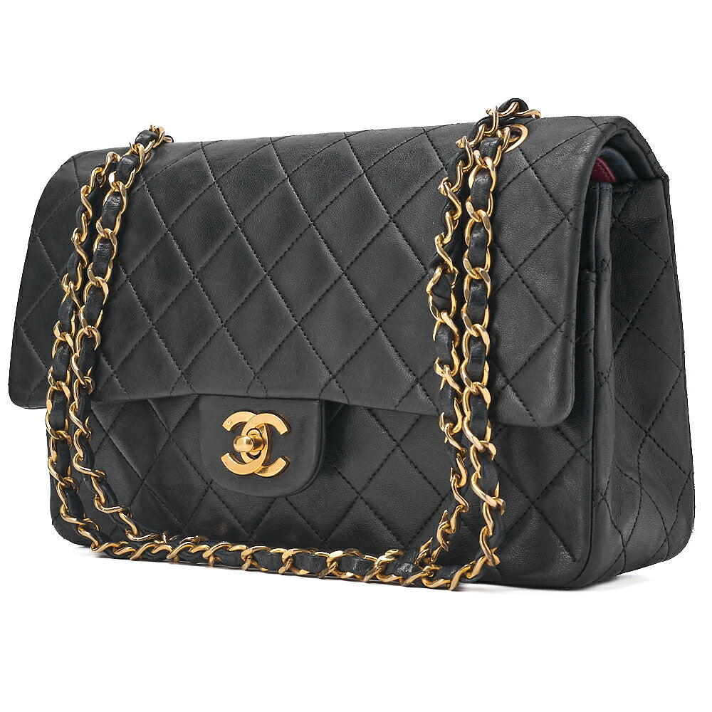CHANEL Lambskin Matelasse 25cm Double Flap Chain Shoulder Black Gold-Tone Hardware, Pre-Owned