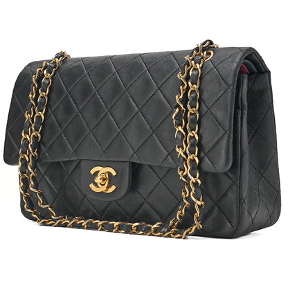CHANEL Lambskin Matelasse 25cm Double Flap Chain Shoulder Black Gold-Tone Hardware, Pre-Owned