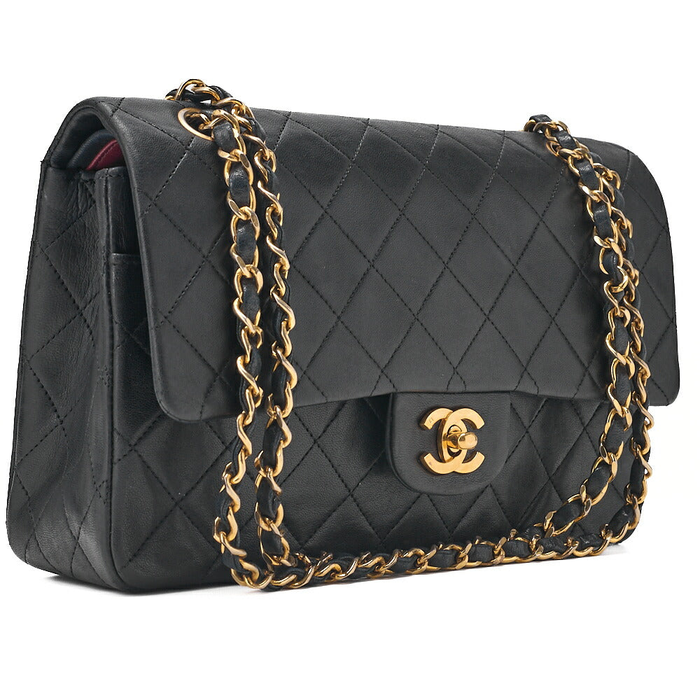 CHANEL Lambskin Matelasse 25cm Double Flap Chain Shoulder Black Gold-Tone Hardware, Pre-Owned