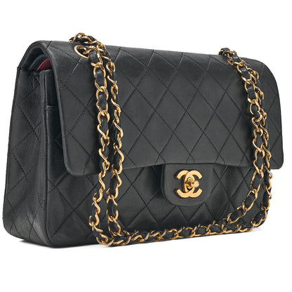 CHANEL Lambskin Matelasse 25cm Double Flap Chain Shoulder Black Gold-Tone Hardware, Pre-Owned