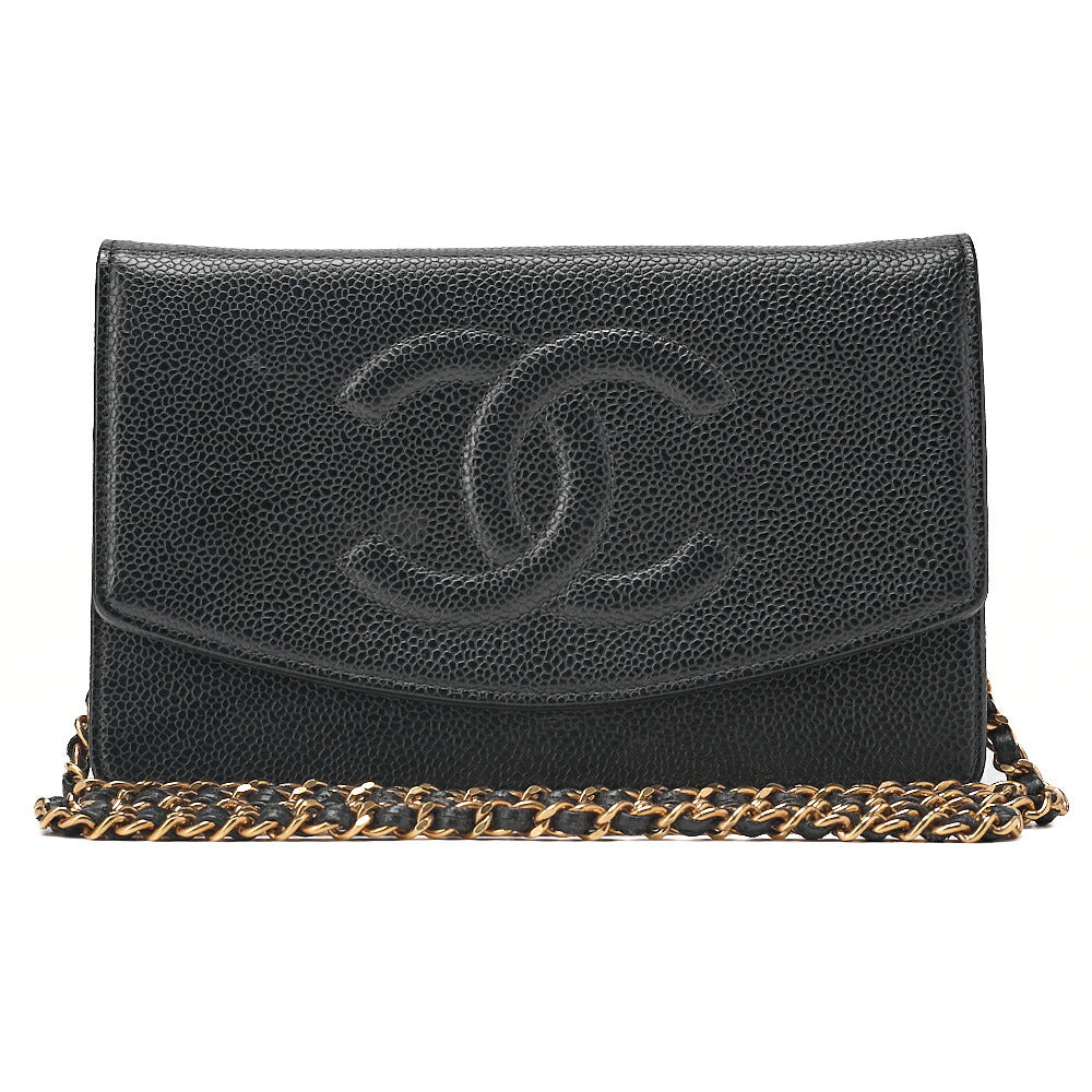 CHANEL Chain Shoulder Bag Coco Mark Chain Wallet Caviar Skin Black Gold-Tone Hardware, Pre-Owned