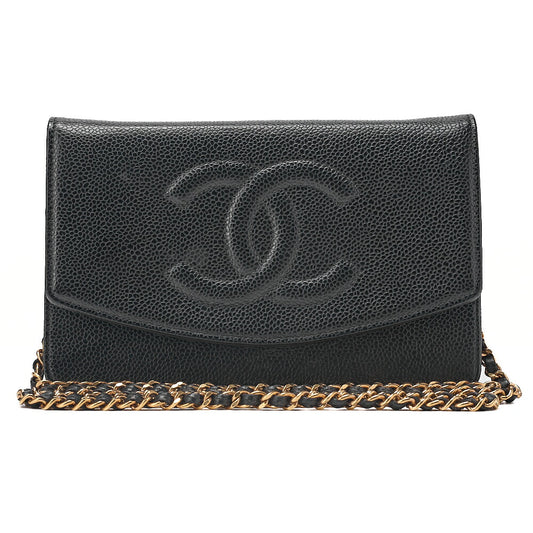 CHANEL Chain Shoulder Bag Coco Mark Chain Wallet Caviar Skin Black Gold-Tone Hardware, Pre-Owned