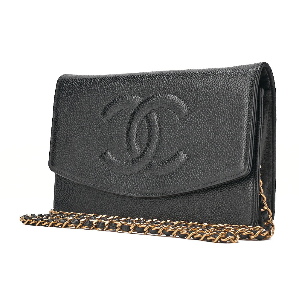 CHANEL Chain Shoulder Bag Coco Mark Chain Wallet Caviar Skin Black Gold-Tone Hardware, Pre-Owned