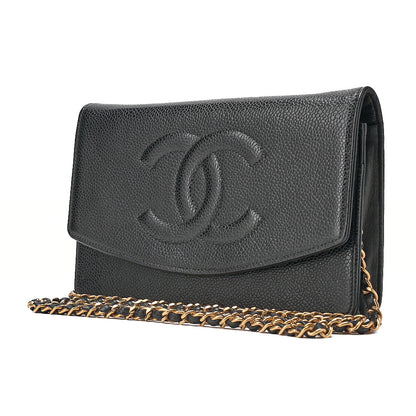 CHANEL Chain Shoulder Bag Coco Mark Chain Wallet Caviar Skin Black Gold-Tone Hardware, Pre-Owned