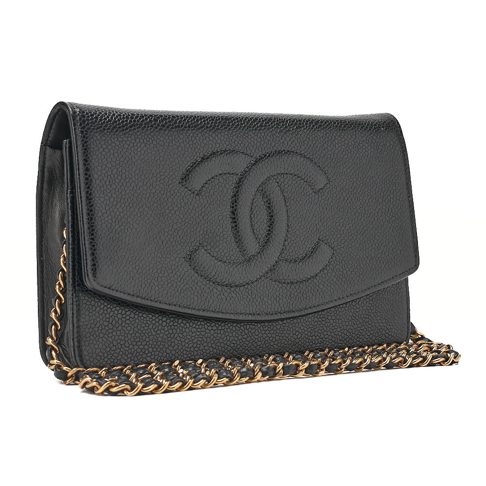 CHANEL Chain Shoulder Bag Coco Mark Chain Wallet Caviar Skin Black Gold-Tone Hardware, Pre-Owned