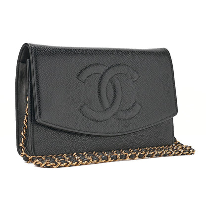 CHANEL Chain Shoulder Bag Coco Mark Chain Wallet Caviar Skin Black Gold-Tone Hardware, Pre-Owned
