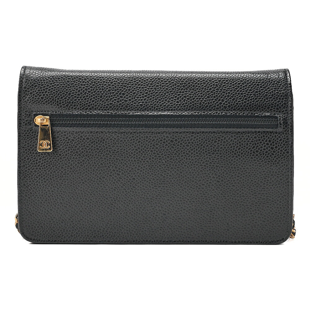 CHANEL Chain Shoulder Bag Coco Mark Chain Wallet Caviar Skin Black Gold-Tone Hardware, Pre-Owned