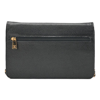 CHANEL Chain Shoulder Bag Coco Mark Chain Wallet Caviar Skin Black Gold-Tone Hardware, Pre-Owned