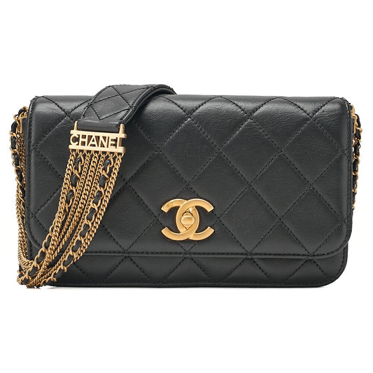 CHANEL Chain Shoulder Bag Matelasse Calfskin Single Flap Turn Lock Black Gold-Tone Hardware, Pre-Owned