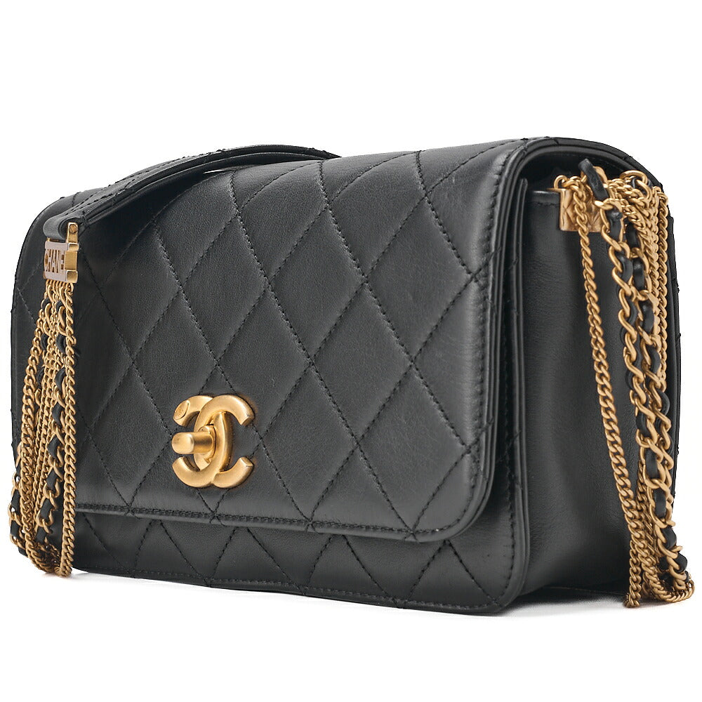 CHANEL Chain Shoulder Bag Matelasse Calfskin Single Flap Turn Lock Black Gold-Tone Hardware, Pre-Owned