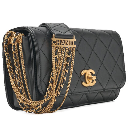 CHANEL Chain Shoulder Bag Matelasse Calfskin Single Flap Turn Lock Black Gold-Tone Hardware, Pre-Owned