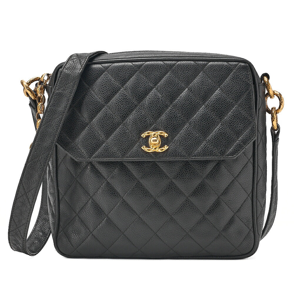CHANEL Shoulder Bag Caviar Skin Matelasse Ball Charm Black Gold-Tone Hardware, Pre-Owned