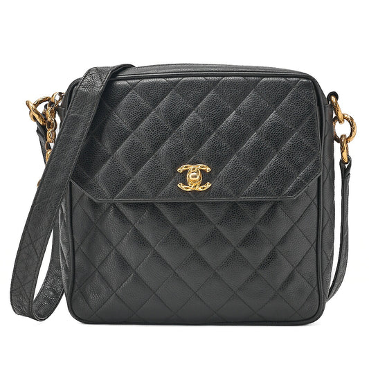 CHANEL Shoulder Bag Caviar Skin Matelasse Ball Charm Black Gold-Tone Hardware, Pre-Owned