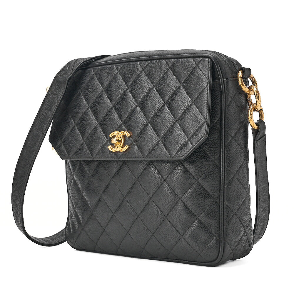 CHANEL Shoulder Bag Caviar Skin Matelasse Ball Charm Black Gold-Tone Hardware, Pre-Owned