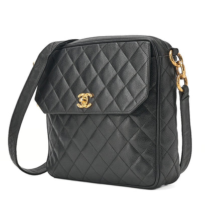 CHANEL Shoulder Bag Caviar Skin Matelasse Ball Charm Black Gold-Tone Hardware, Pre-Owned