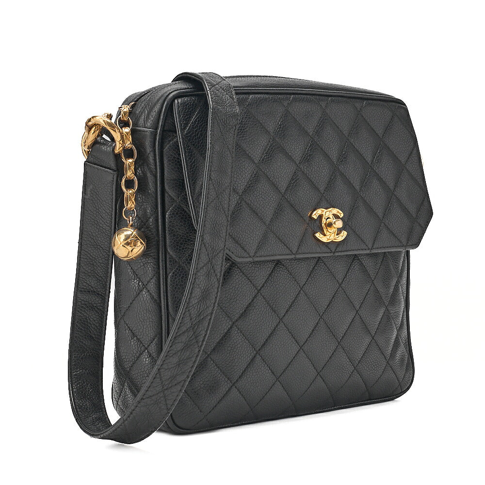 CHANEL Shoulder Bag Caviar Skin Matelasse Ball Charm Black Gold-Tone Hardware, Pre-Owned