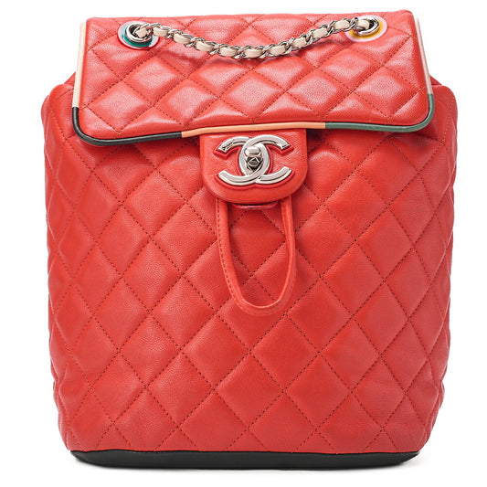 CHANEL Lambskin Matelasse Turn Lock Chain Backpack Red x Multicolor Silver-Tone Hardware, Pre-Owned