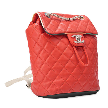 CHANEL Lambskin Matelasse Turn Lock Chain Backpack Red x Multicolor Silver-Tone Hardware, Pre-Owned