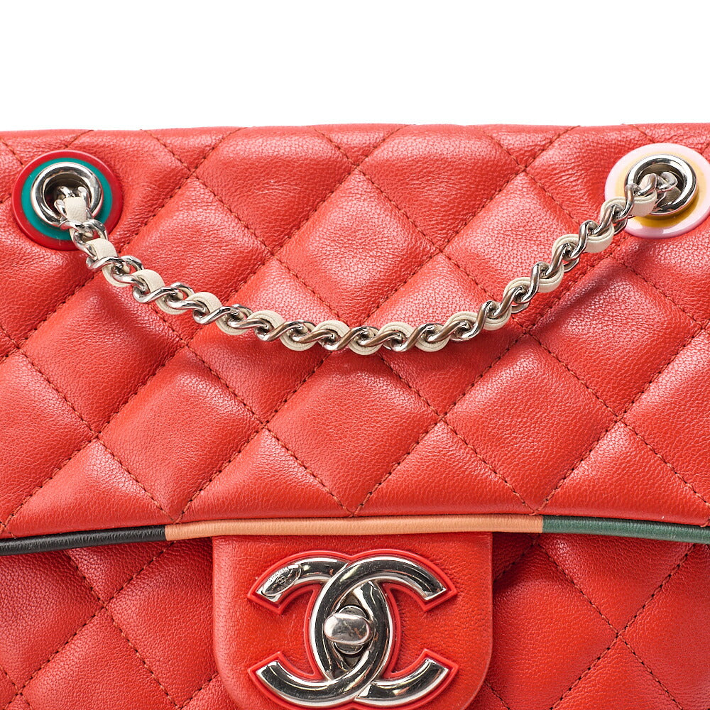 CHANEL Lambskin Matelasse Turn Lock Chain Backpack Red x Multicolor Silver-Tone Hardware, Pre-Owned