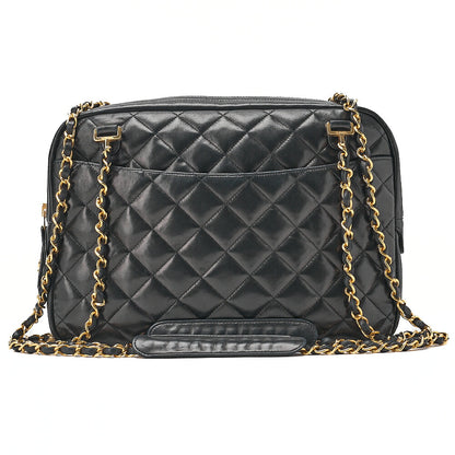 CHANEL Lambskin Matelasse Double Chain Shoulder Bag with Pull Charm Black Gold-Tone Hardware, Pre-Owned