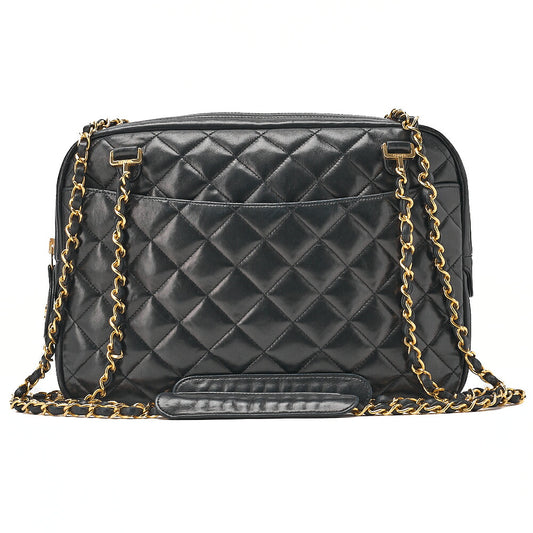 CHANEL Lambskin Matelasse Double Chain Shoulder Bag with Pull Charm Black Gold-Tone Hardware, Pre-Owned