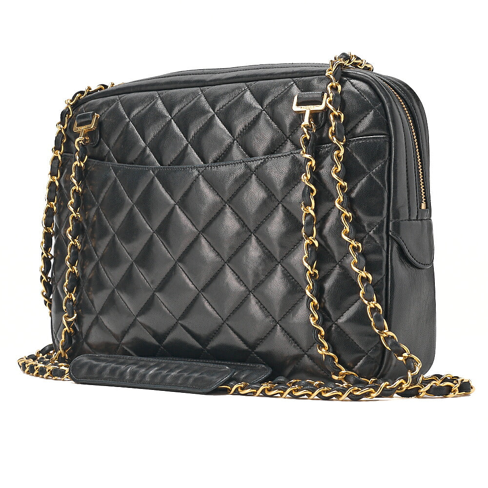 CHANEL Lambskin Matelasse Double Chain Shoulder Bag with Pull Charm Black Gold-Tone Hardware, Pre-Owned