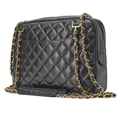 CHANEL Lambskin Matelasse Double Chain Shoulder Bag with Pull Charm Black Gold-Tone Hardware, Pre-Owned