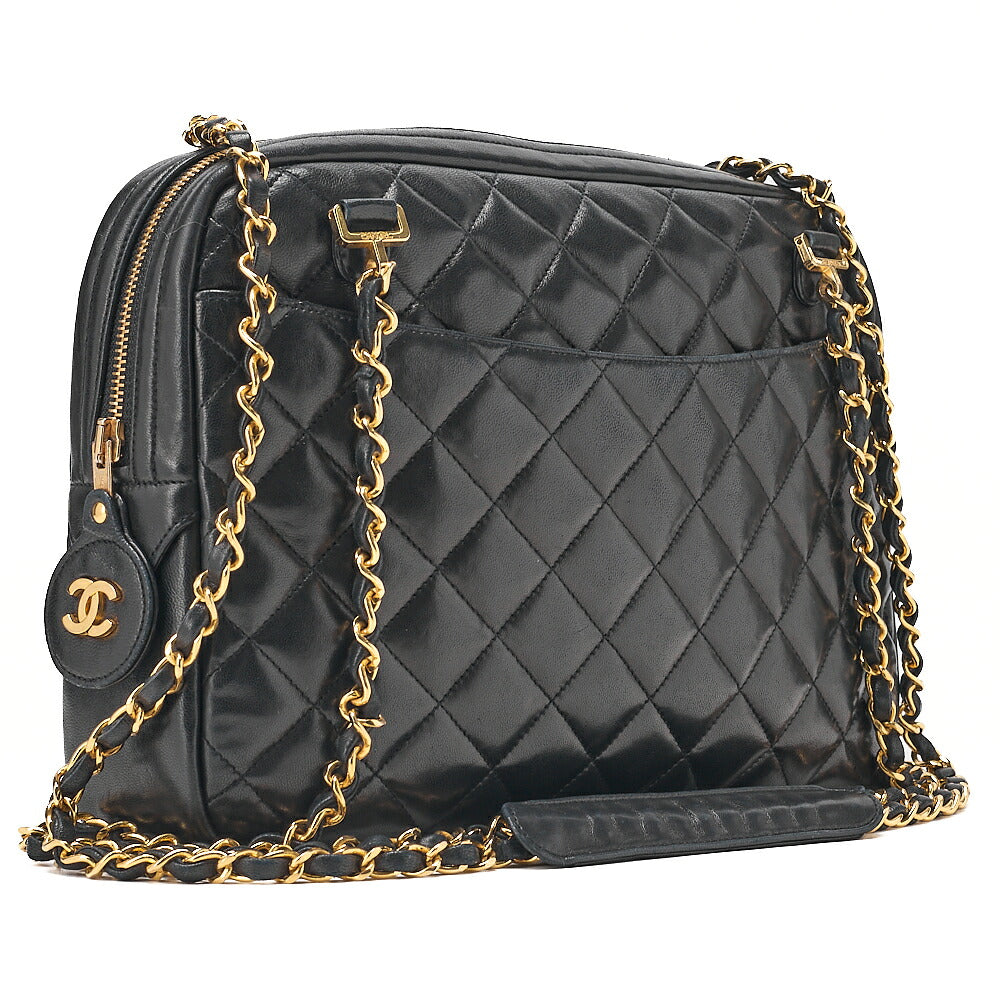 CHANEL Lambskin Matelasse Double Chain Shoulder Bag with Pull Charm Black Gold-Tone Hardware, Pre-Owned