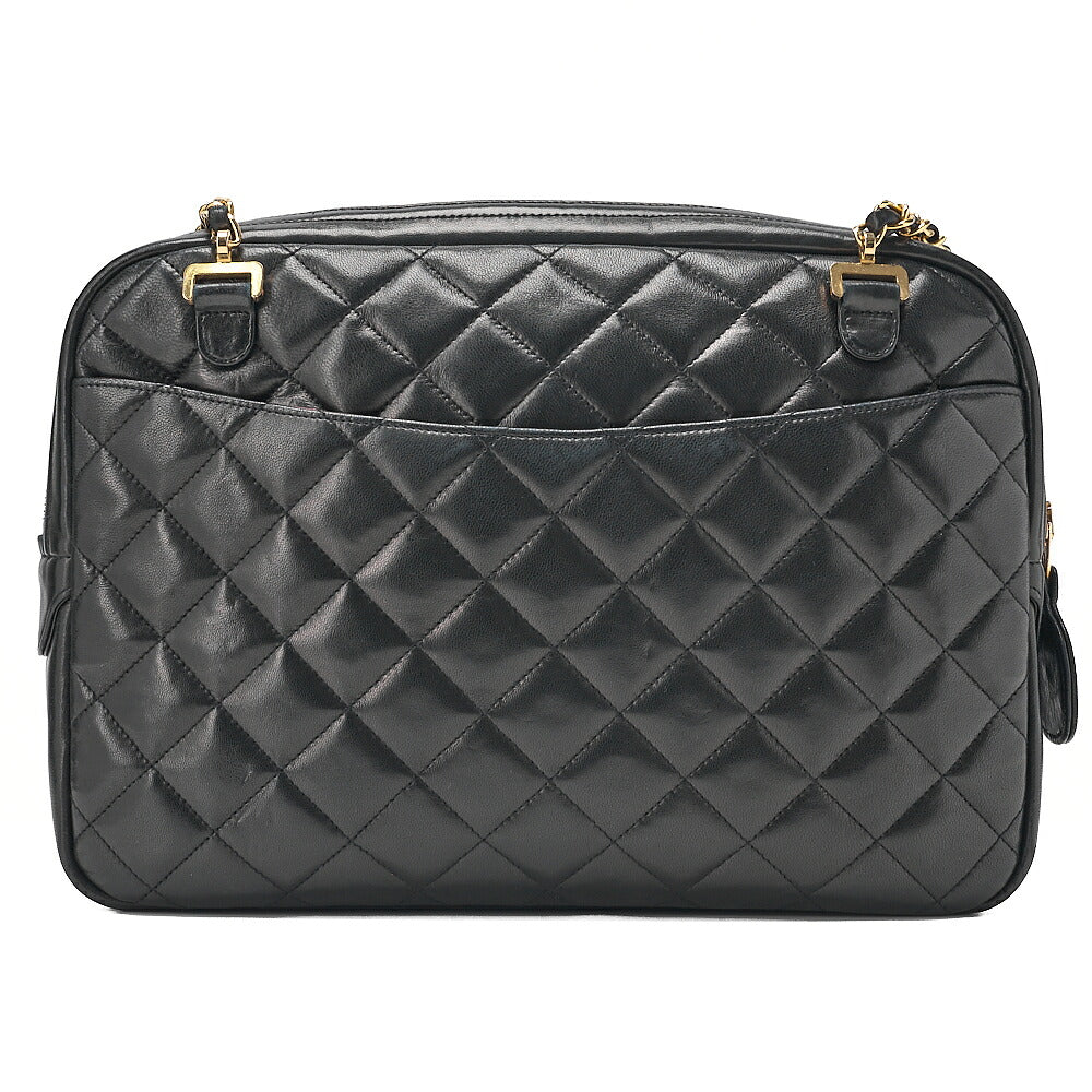 CHANEL Lambskin Matelasse Double Chain Shoulder Bag with Pull Charm Black Gold-Tone Hardware, Pre-Owned