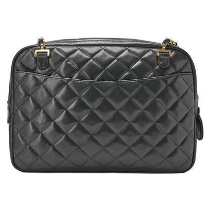 CHANEL Lambskin Matelasse Double Chain Shoulder Bag with Pull Charm Black Gold-Tone Hardware, Pre-Owned