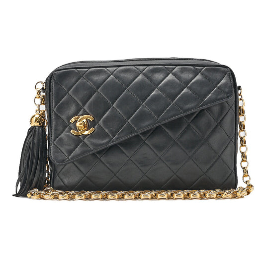 CHANEL Lambskin Matelasse Outside Flap with Fringe Bijou Chain Shoulder Black Gold-Tone Hardware, Pre-Owned