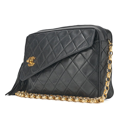 CHANEL Lambskin Matelasse Outside Flap with Fringe Bijou Chain Shoulder Black Gold-Tone Hardware, Pre-Owned