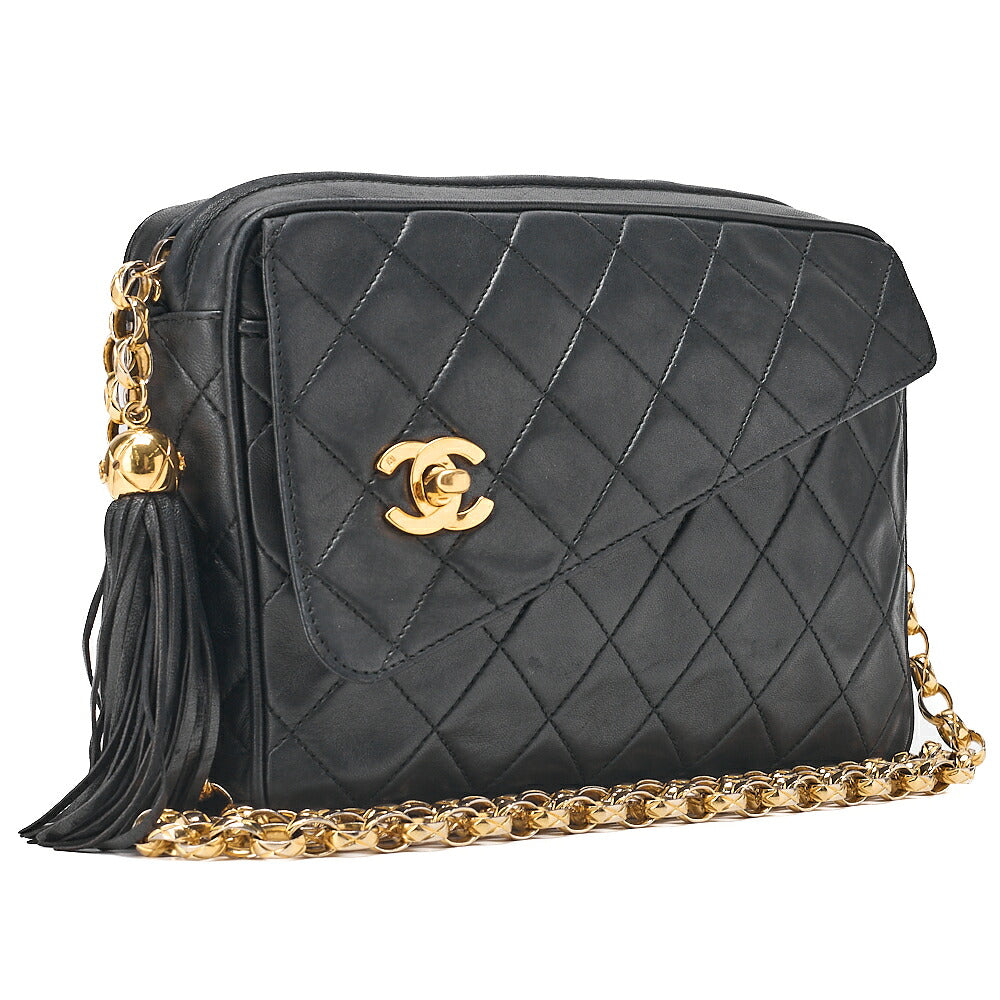 CHANEL Lambskin Matelasse Outside Flap with Fringe Bijou Chain Shoulder Black Gold-Tone Hardware, Pre-Owned