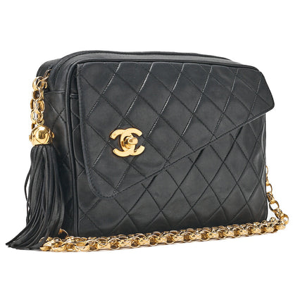 CHANEL Lambskin Matelasse Outside Flap with Fringe Bijou Chain Shoulder Black Gold-Tone Hardware, Pre-Owned